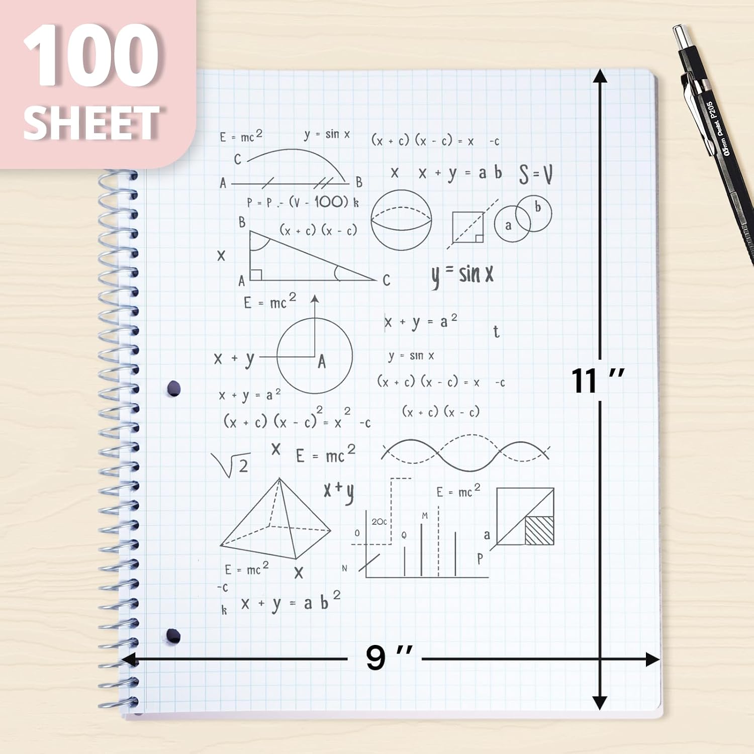 ONAVIA Graph Ruled Spiral Notebook 1 Subject, 12 Pack, 9 x 11 in, 100 Sheets, Waterproof PP Cover, Bulk Classroom Notebooks for Drawing and STEM Classes, Assorted Colors
