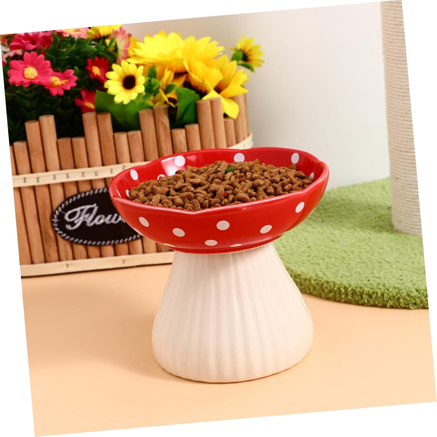 Elevated Mushroom Shaped Ceramic Cat Bowl Whisker Friendly Wide Shallow Pet Feeding Dish Non Slip Stable Feeder for Cats Indoor Use Easy to Clean