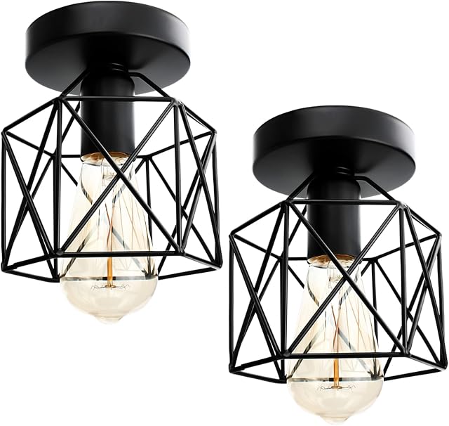 Vintage Ceiling Light Flush Mount Pendant Light Fixture Metal Cage Basket Ceiling Lamp for Kitchen Bedroom Living Room. (Black-1)