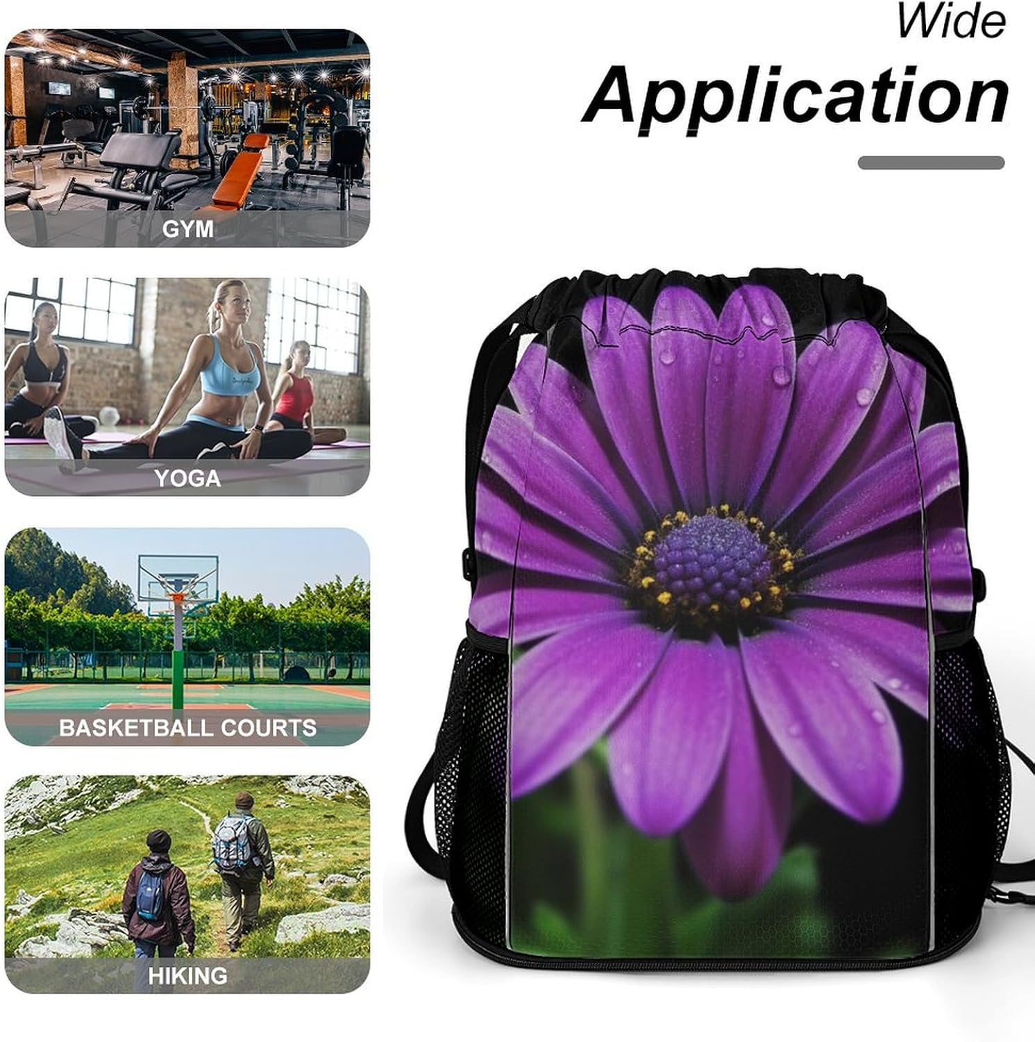 Small Gym Bag Purple Daisy Printed Drawstring Gym Bag for Men Lightweight Waterproof Drawstring Backpack for Women with Shoe Compartment for Travel Tourism Work And Fitness