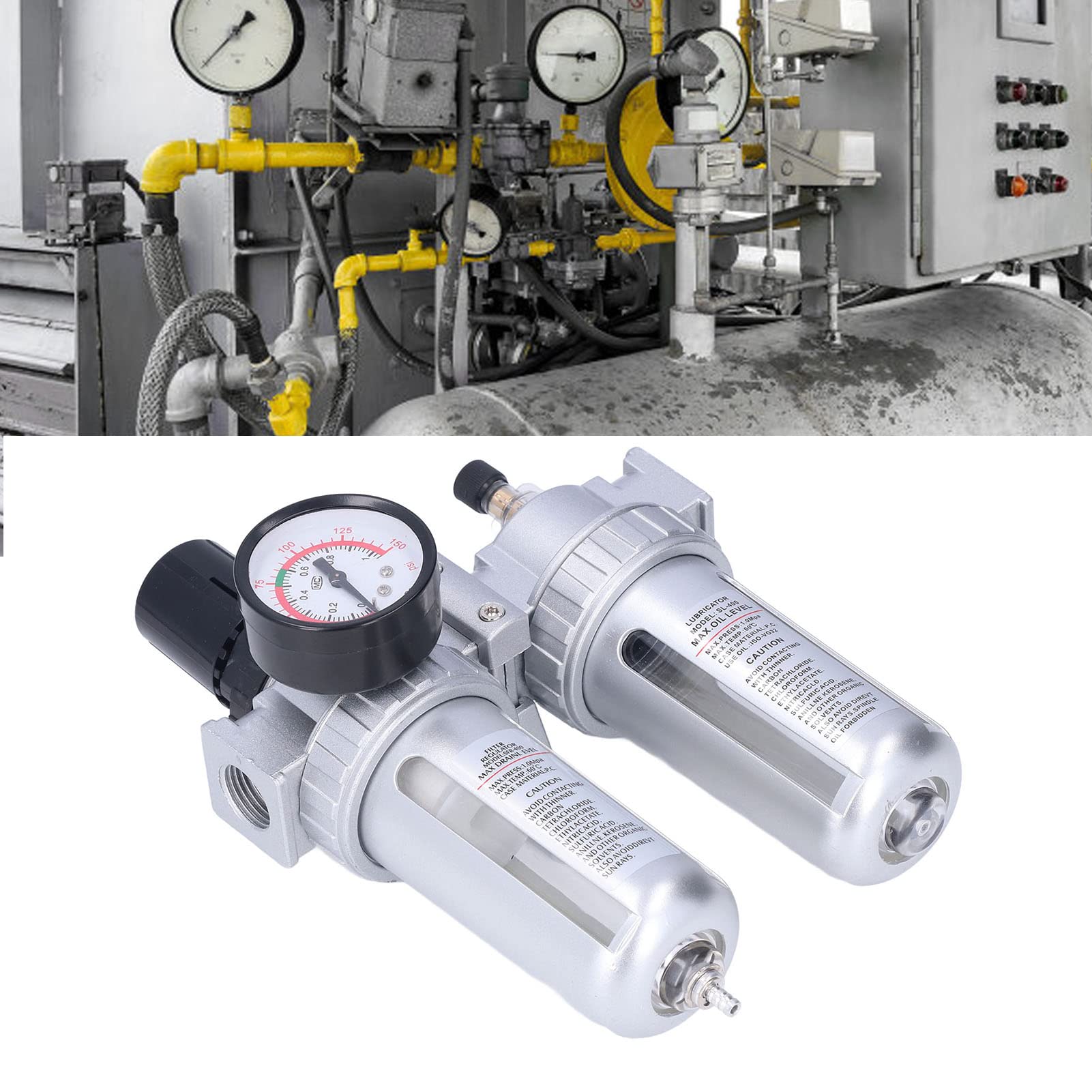Filtro de Compresor de Aire, Filtro de Aire con Manómetro Regulador de Filtro de Aire Comprimido Regulador Separador de Aceite de Agua con Manómetro Máximo 1Mpa