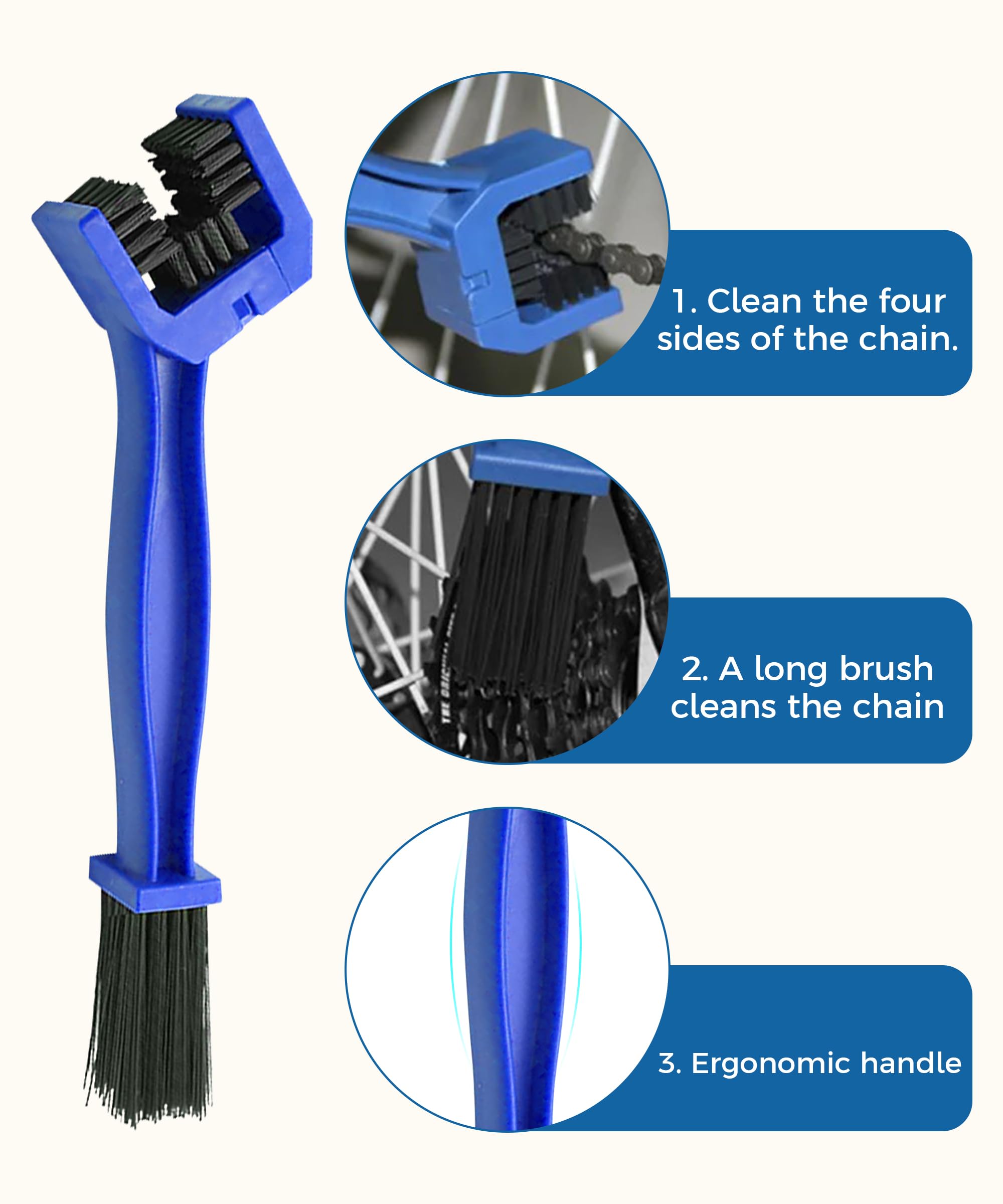 Brosse De Nettoyage Pour Chaîne De Vélo Et Moto - 3 Côtés, Poils Nylon, Poignée Ergonomique - Nettoyage Efficace Des Engrenages