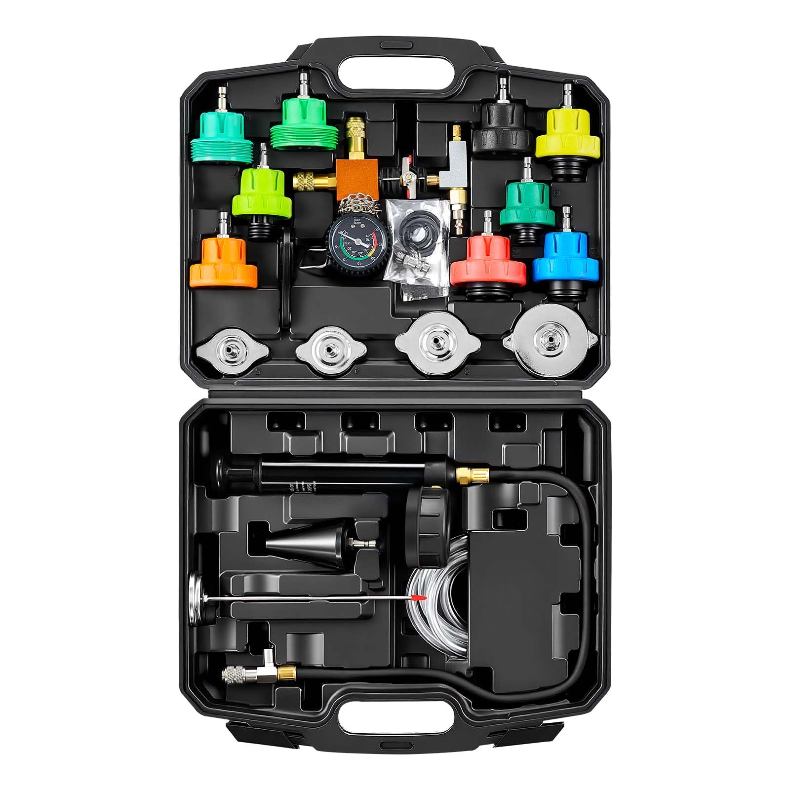 VEVOR Kit Testeur de Pression du Système de Refroidissement Automobile 28PCs, Kit de Recharge sous Vide de Radiateur avec 4 Adaptateurs, Pompe de Pression et Remplisseur en Alliage d'Aluminium