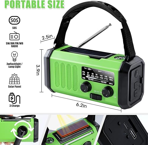 Miniatura 7 de Radio solar de 10000 mAh, radio de manivela, radio de emergencia, radio meteorológica NOAA/AM/FM, carga USB tipo C, radio dinamo, batería de