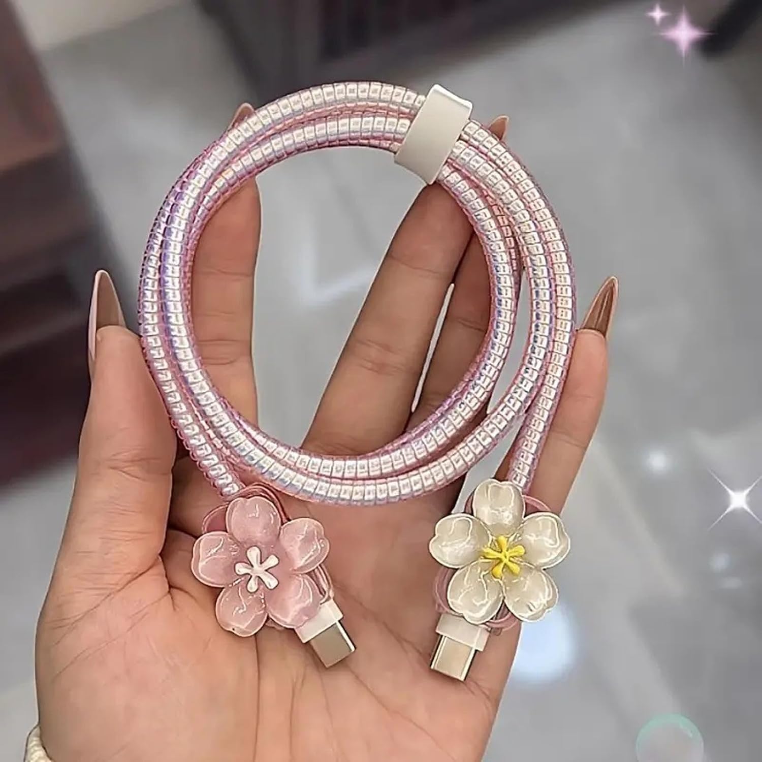 Cute Flower Charger Cord Protector for iPhone Charger Cover,Simple Elegant Cherry Floral Phone Charger Protector with Gradient Pink Pattern Cable Protector,Wire Cord Saver for iPhone 14 15 16 Pro Max