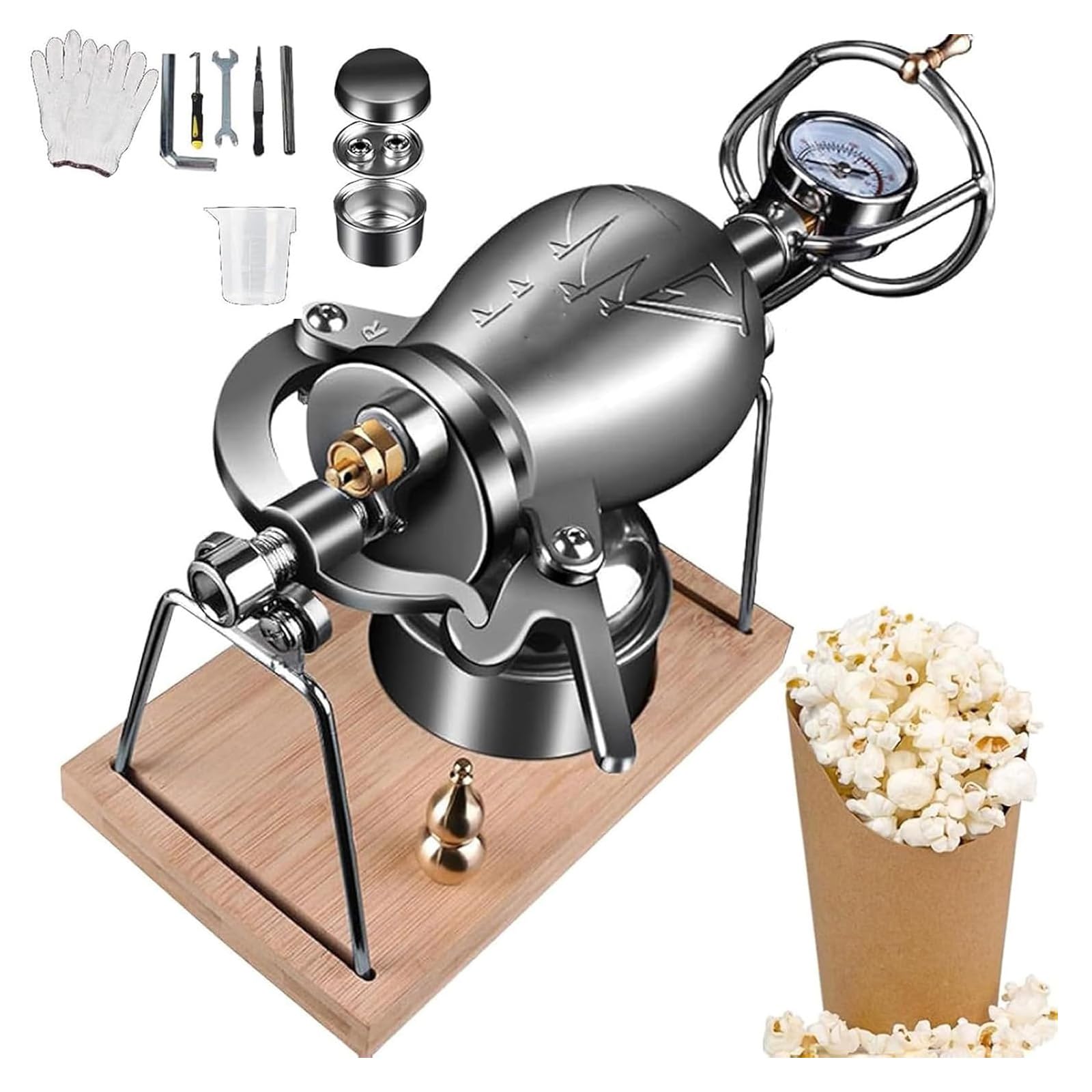 Popcorn Popper, tradycyjna chińska armata do popcornu ze stali nierdzewnej z precyzyjnym manometrem, mini zdrowa maszyna do przekąsek do domu i na imprezę, 368 ml