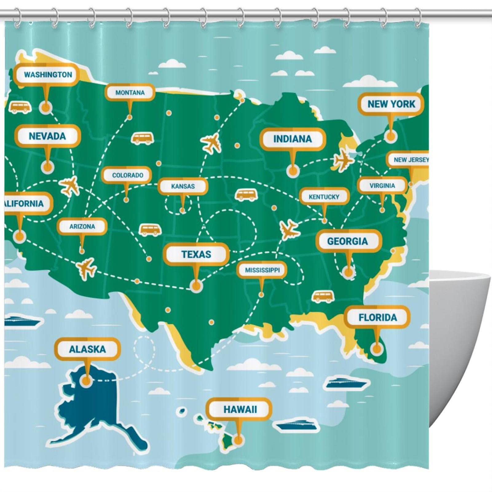 Rideau de douche carte des États-Unis vert 183x183 cm pour salle de bain