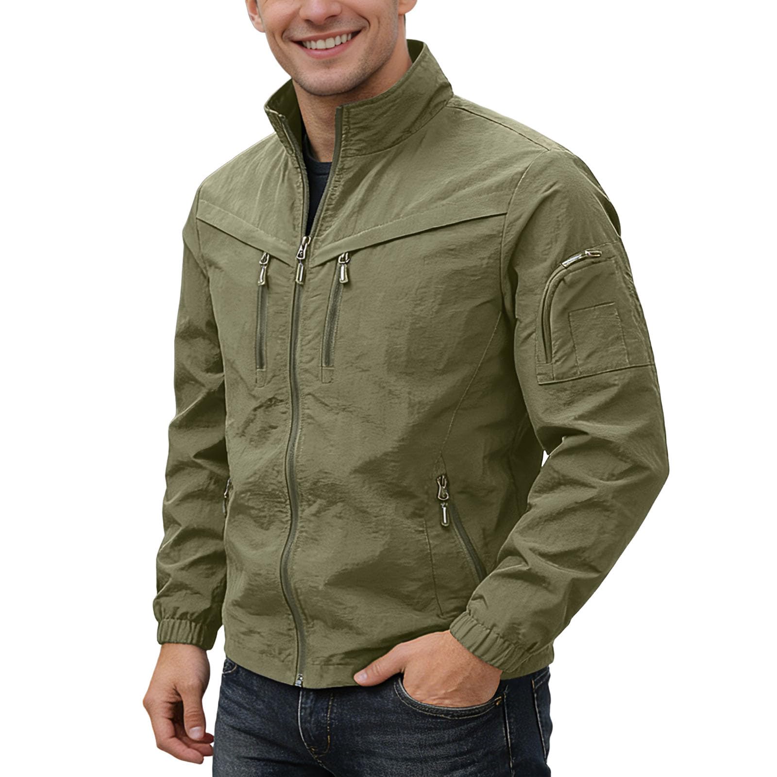 Jacke Herren Sommer Freizeit Bomberjacke Mit Viele Reißverschluss Taschen Wanderjacke Atmungsaktiv Leichte Übergangsjacke Einfarbig Safarijacke Casual Stehkragen Softshelljacke Arbeitsjacke