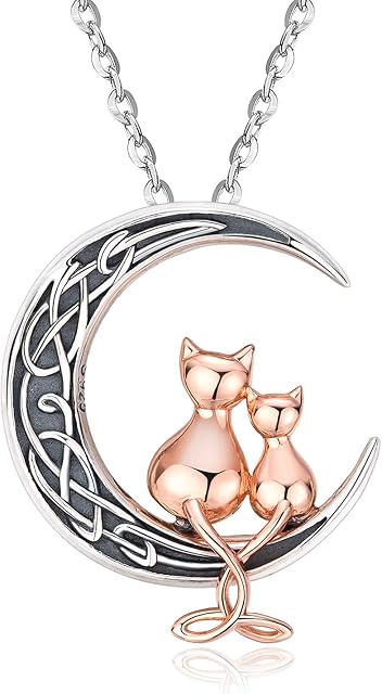 Cat Necklace, S925 Sterling Silver Cat on Moon Pendant, Cubic Zirconia, Women Jewellery, Gifts for Mum with Gift Package- I Love you forever