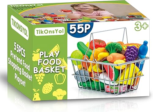 Miniatura 8 de Juego de 55 piezas de alimentos para juegos de comestibles con cesta de la compra para niños pequeños de 1-3, 4-8, accesorios de cocina de plástico,