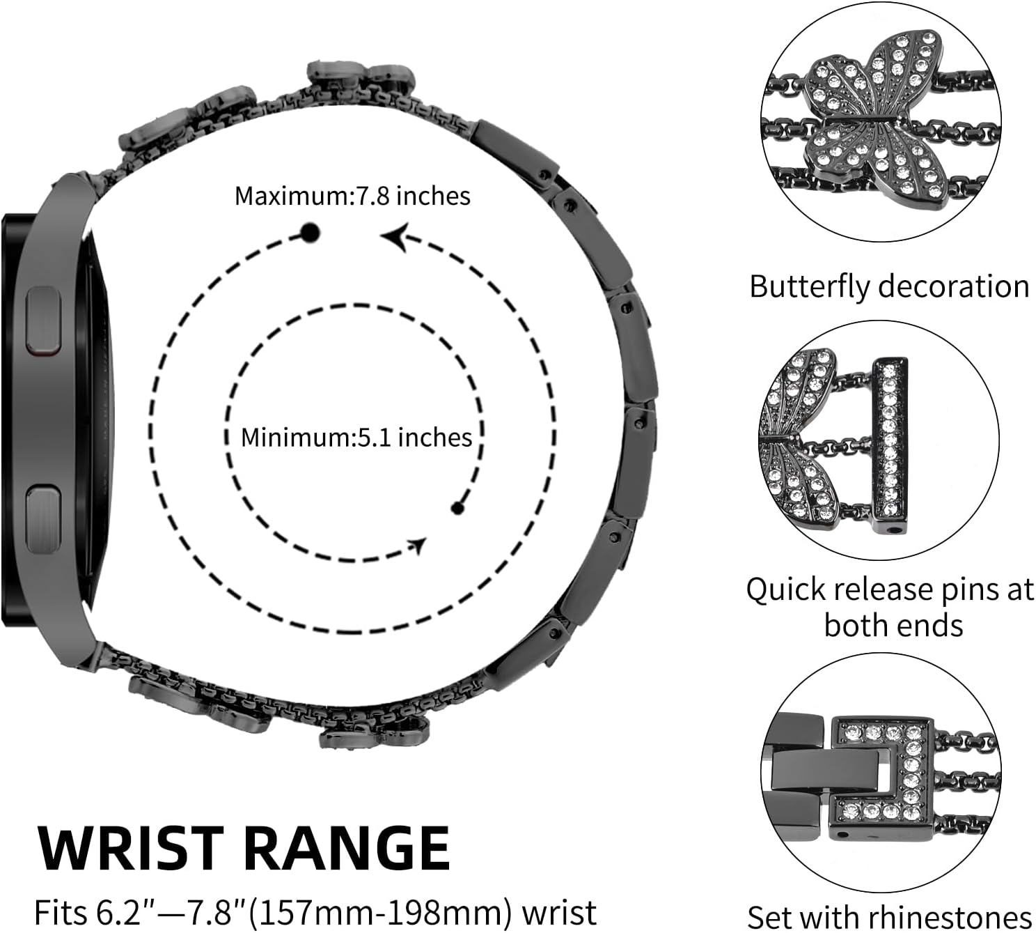 Bling Band with Case Compatible with Samsung Galaxy Watch 4 & 5 40mm 44mm Model，20mm Stylish Stainless Band Bling Diamond Butterfly Bracelet for Women (Rose Gold-40MM) - Image 6