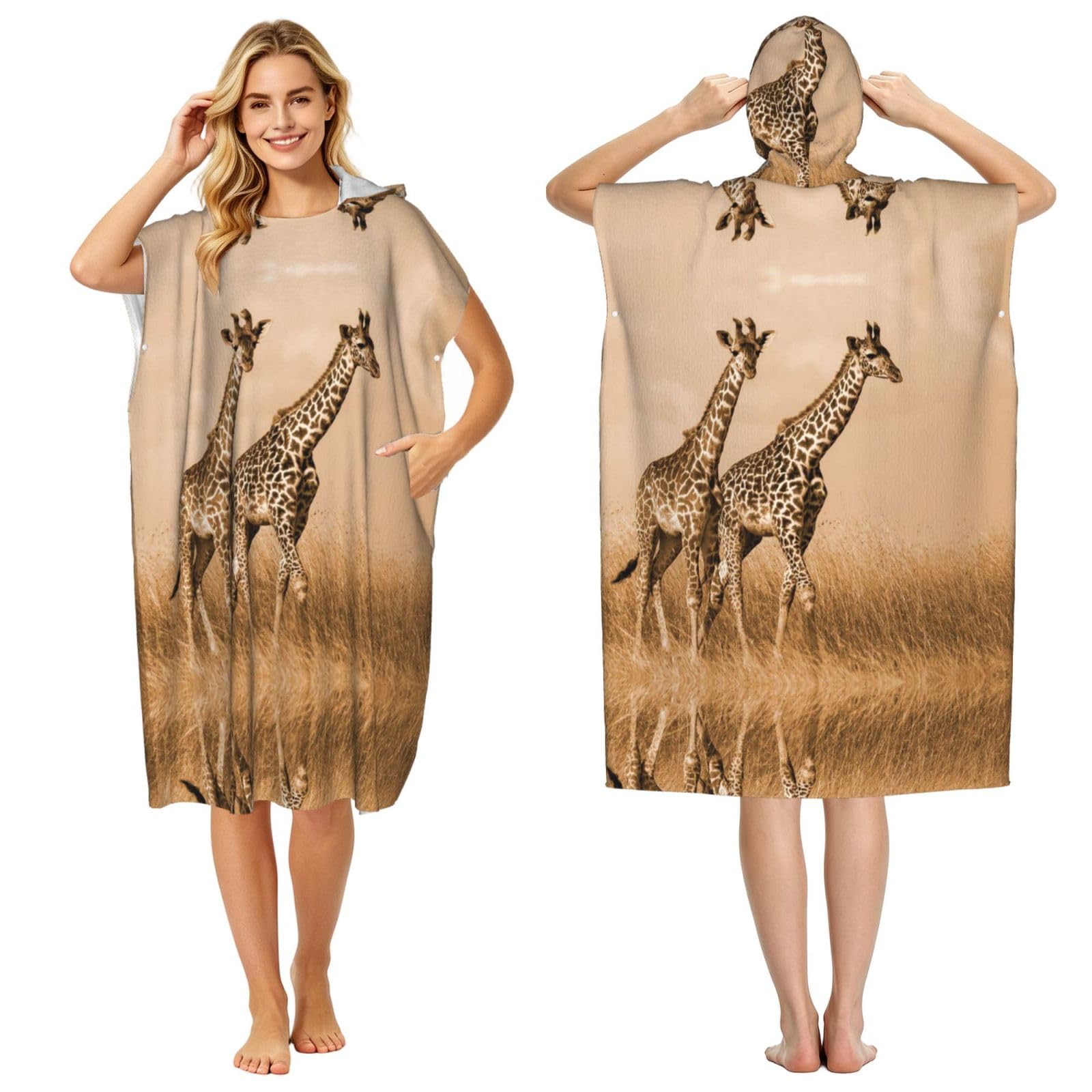 EZDLOWVBA Two Giraffe Running On The Barren Print Hooded Poncho Microfiber Beach Towel,Adult Women & Men Changing Robe,Lightweight Summer Surf Swim Bath Poncho Towel