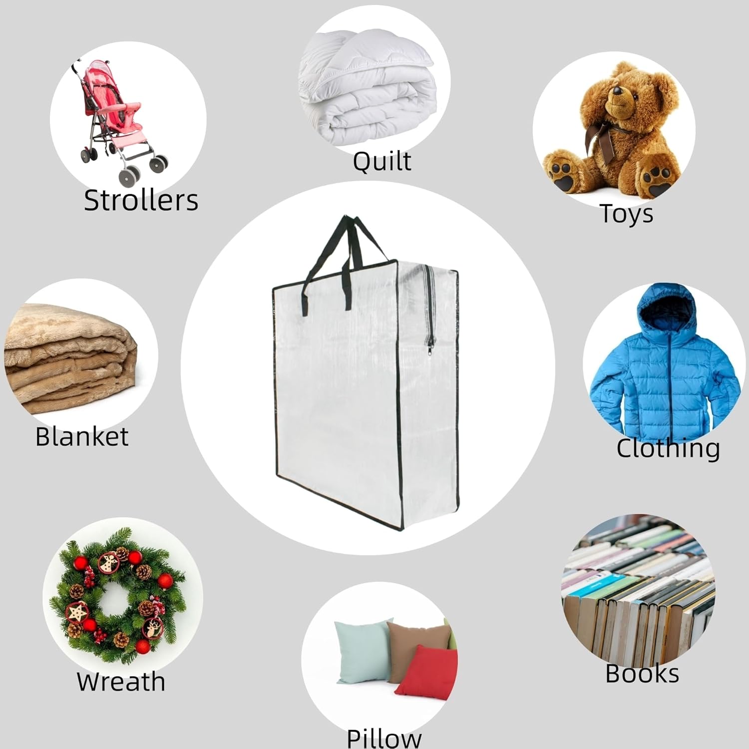 5 Pack Moving Bags, Wreath Storage Bag, Garland Container, Clear Storage Bags with Handles and Zippers Moving Bag for College Carrying, Bedding, Toys Organizer, Under the Bed Storage - Image 7