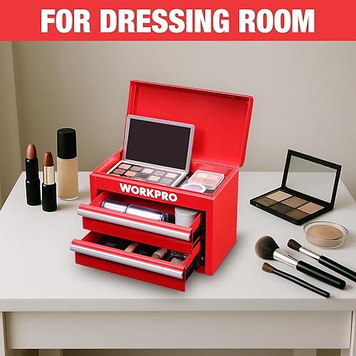 Miniatura 7 de WORKPRO Caja Mini de Herramientas de Metal, Caja de Herramientas Superior con Dos Cajones con Guías de Rodamiento de Bolas, Forros de Cajones de PVC