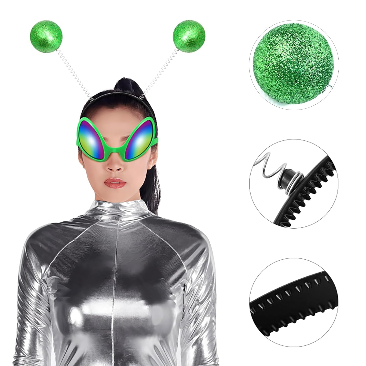 4Pcs Halloween Green Headband and Glasses Set Boppers Antenna Headband Rainbow Lens Sunglasses for Alien Theme Halloween Cosplay Party Supplies - Image 4