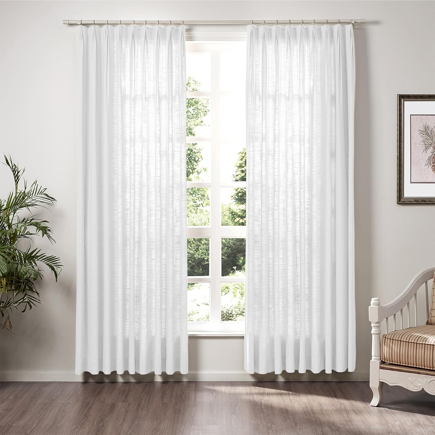 TWOPAGES 84 W x 96 L Triple Tailor Pleated Curtain, Privacy Protection Polyester Linen Unlined Window Curtain, Light Filtering Drape for Bedroom Living Room Sliding Door 1 Panel, Snow White