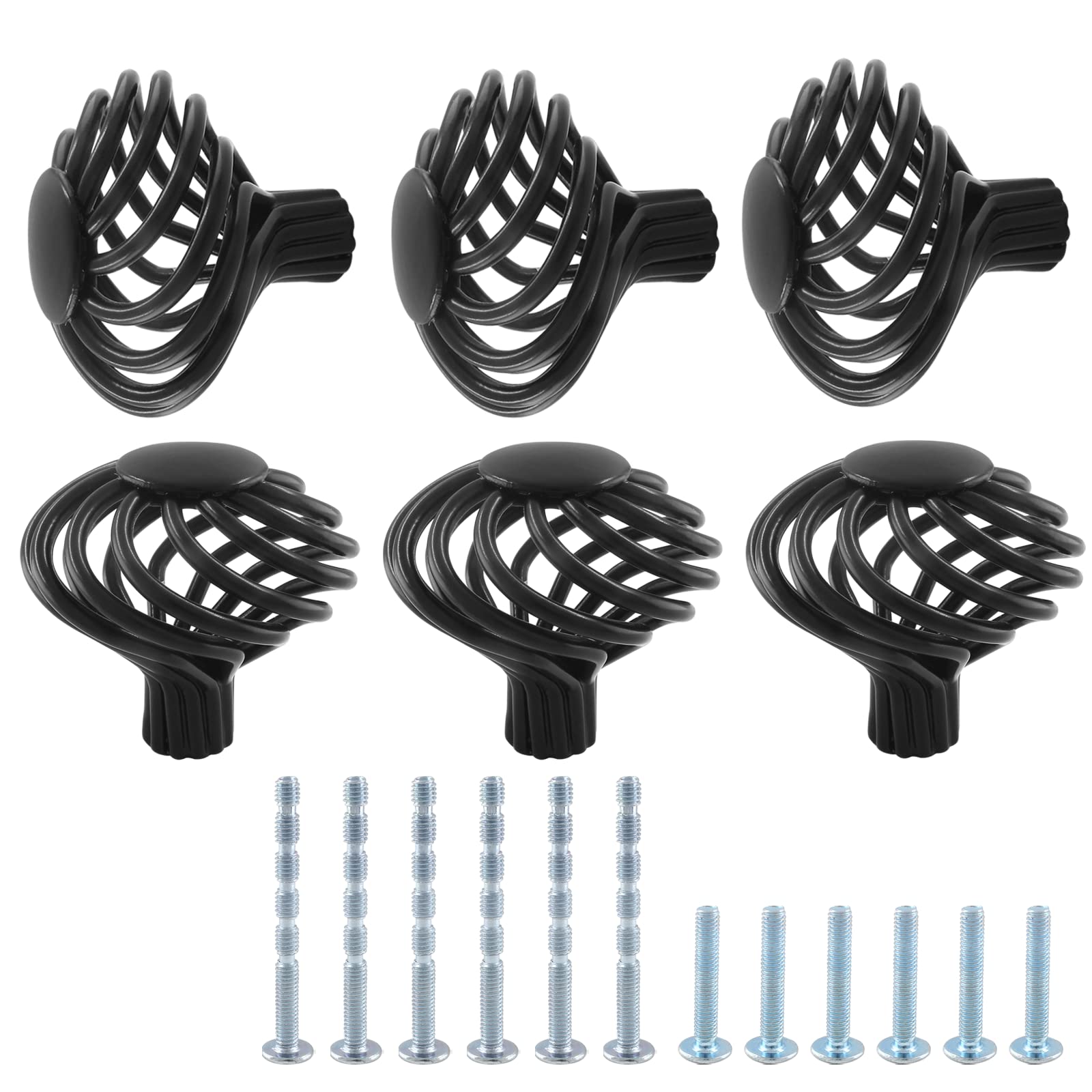 Unlorspy 6 Pcs Black Round Birdcage Cabinet Knobs, 46mm/1.81" Diameter Drawer Pulls, Single Hole Iron Handles With Mounting Screws, 1.81x1.7(DiaxH)