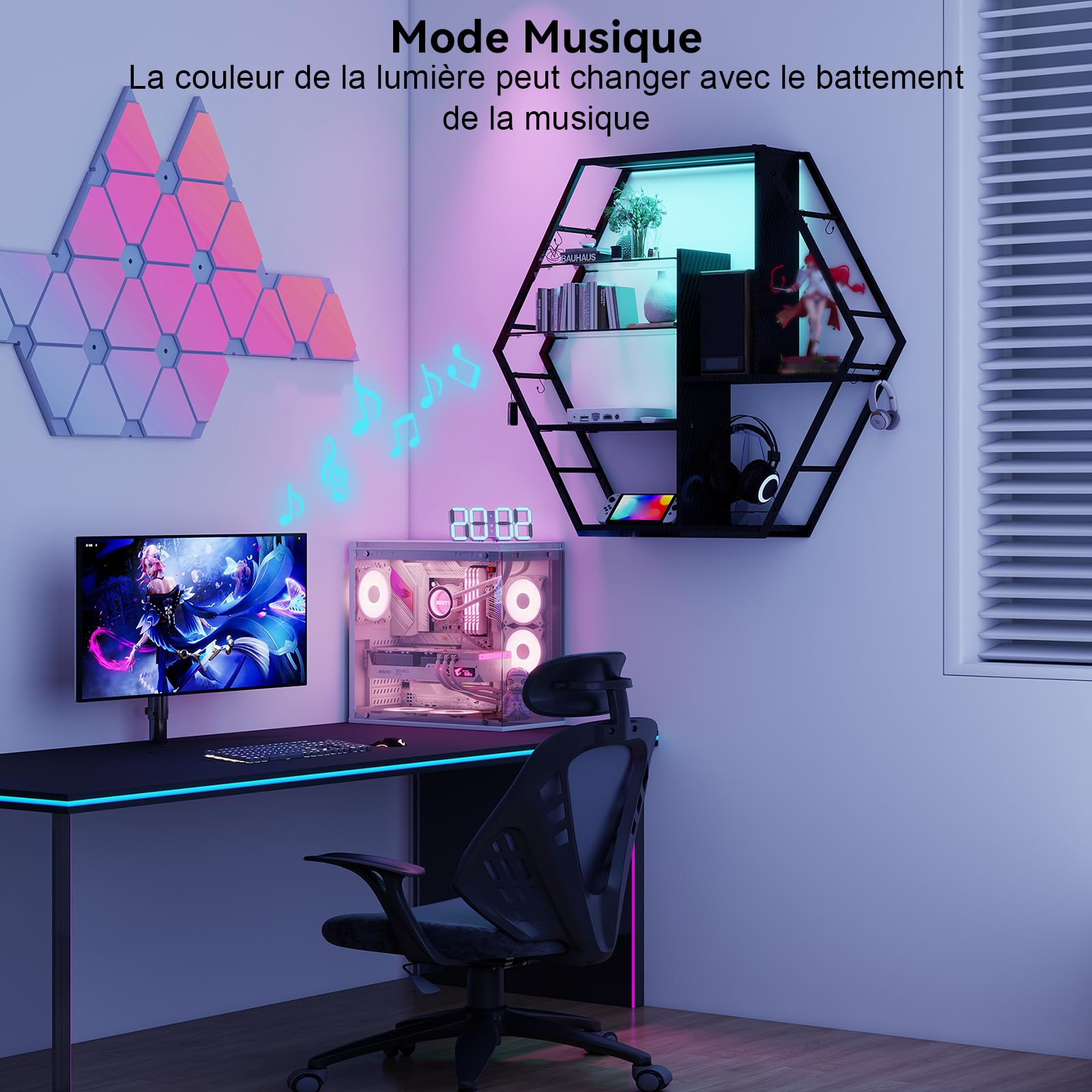 YU YUSING Étagère Vitrine Murale Hexagone LED RGB 7 Couleurs, Style Gaming