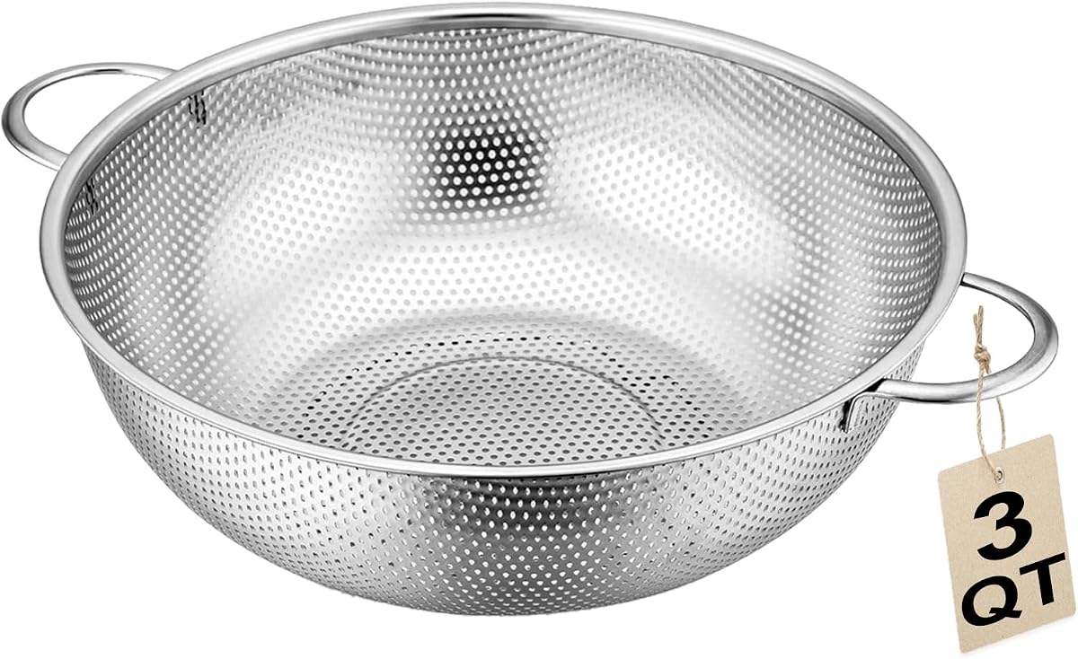 Colador de acero inoxidable, colador de metal microperforado de 3 cuartos con mango para cocina/escurrir pasta/enjuagar verduras frutas, apto para lavavajillas - 8.8 pulgadas