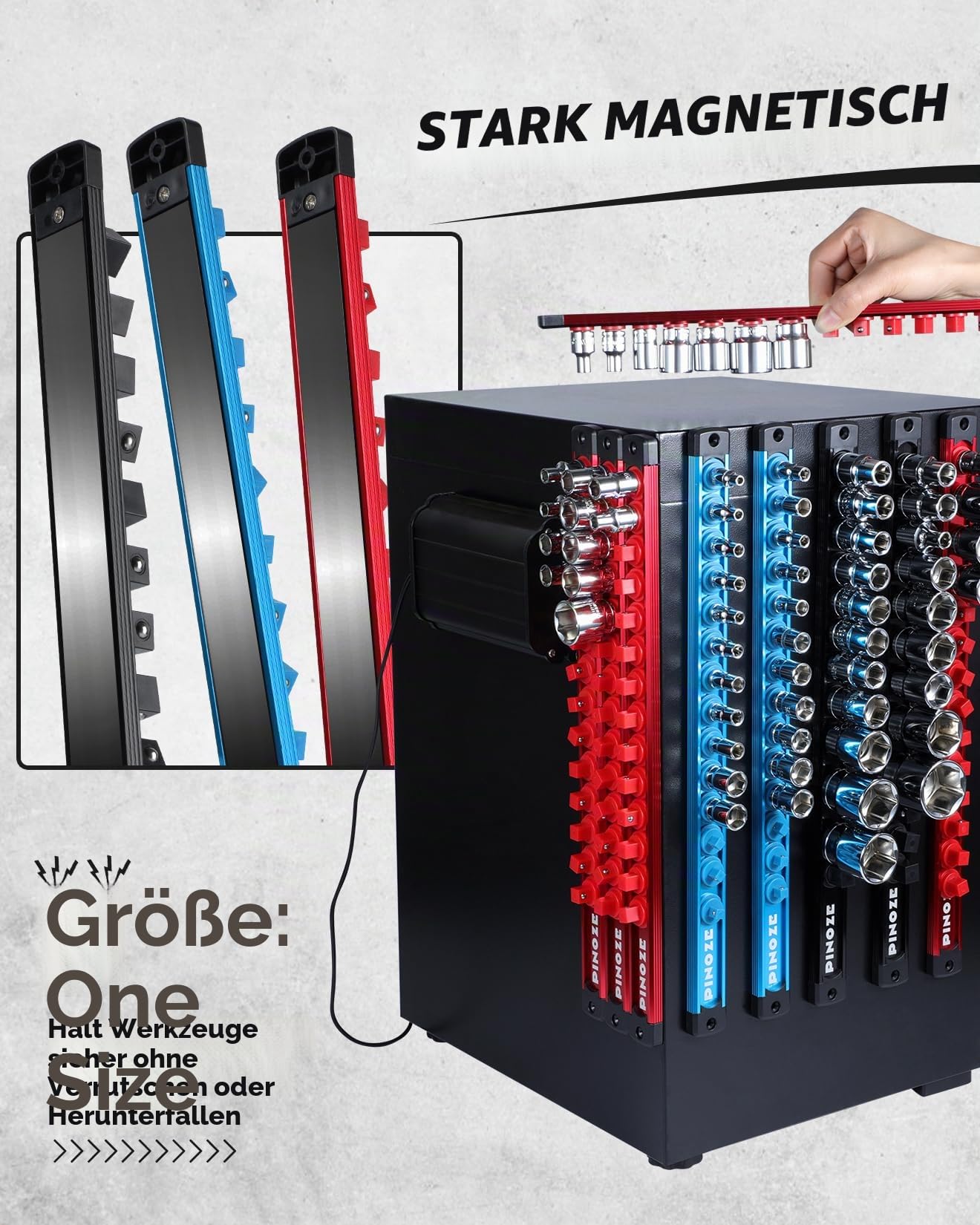 PINOZE Magnetischer Steckschlüsselhalter-Organizer-Set – 1/4, 3/8, 1/2 Zoll (1/2 Zoll), Aluminiumlegierung, für Werkzeugkasten, Schublade, Steckdosenregal-Set mit 114 Clips für Automobil-Garage (blau