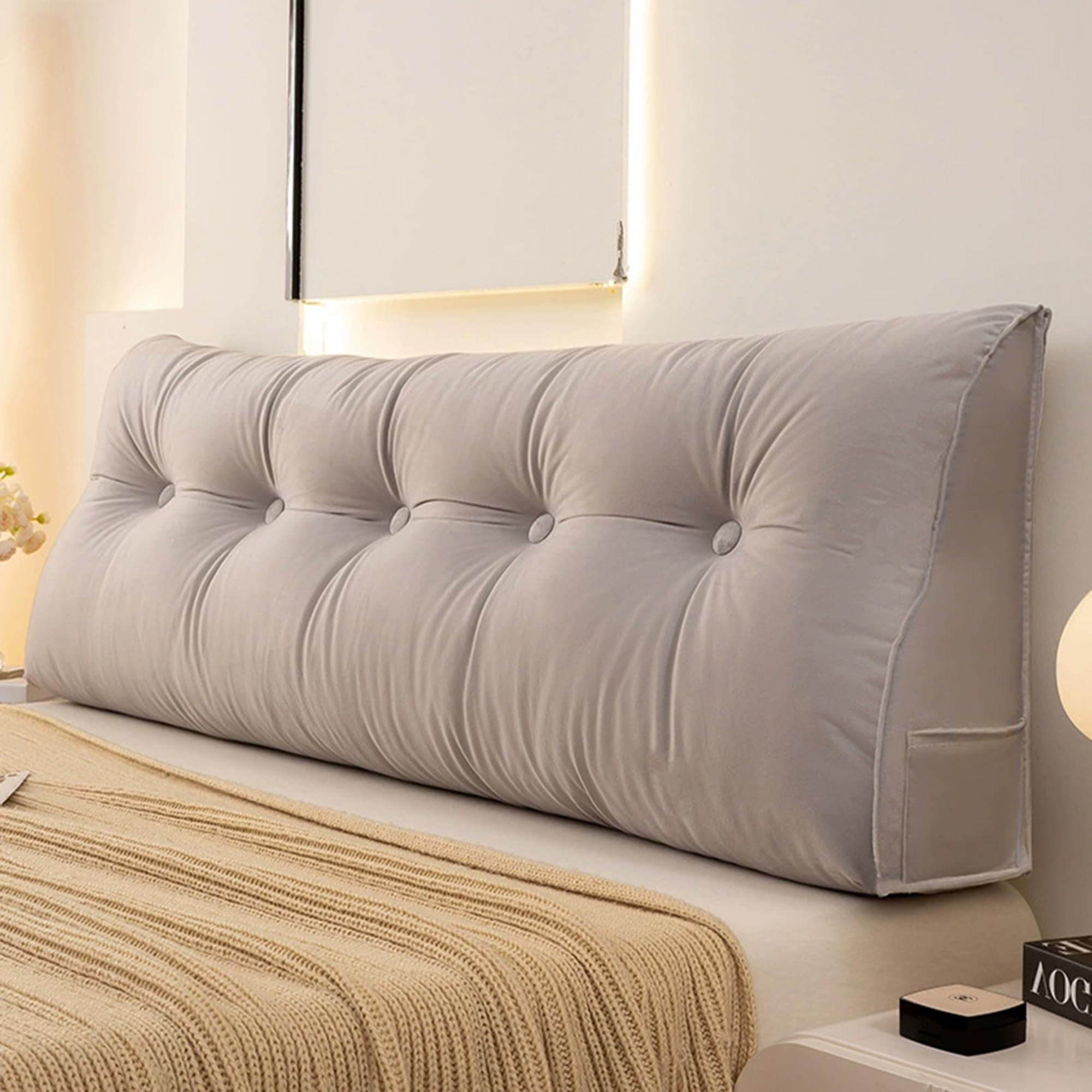 DUOLEH Wedge Pillow with Removable Cover & Pocket, Bolster Support Reading Pillow, Triangular Backrest Cushion, Soft Headboard Backrest Lumbar Cushion for Bed, Tatami (120x50x20cm,Grey)