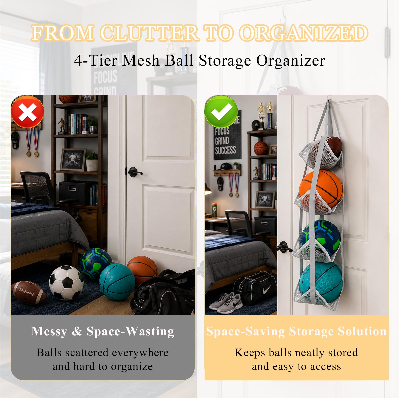Organizador de Balones de Malla de 4 Niveles, Soporte Vertical para Balones para Puerta o Pared, para Baloncesto, Fútbol, Voleibol, Juguetes y Snacks, Ahorro de Espacio para Garaje, Hogar y Sótano