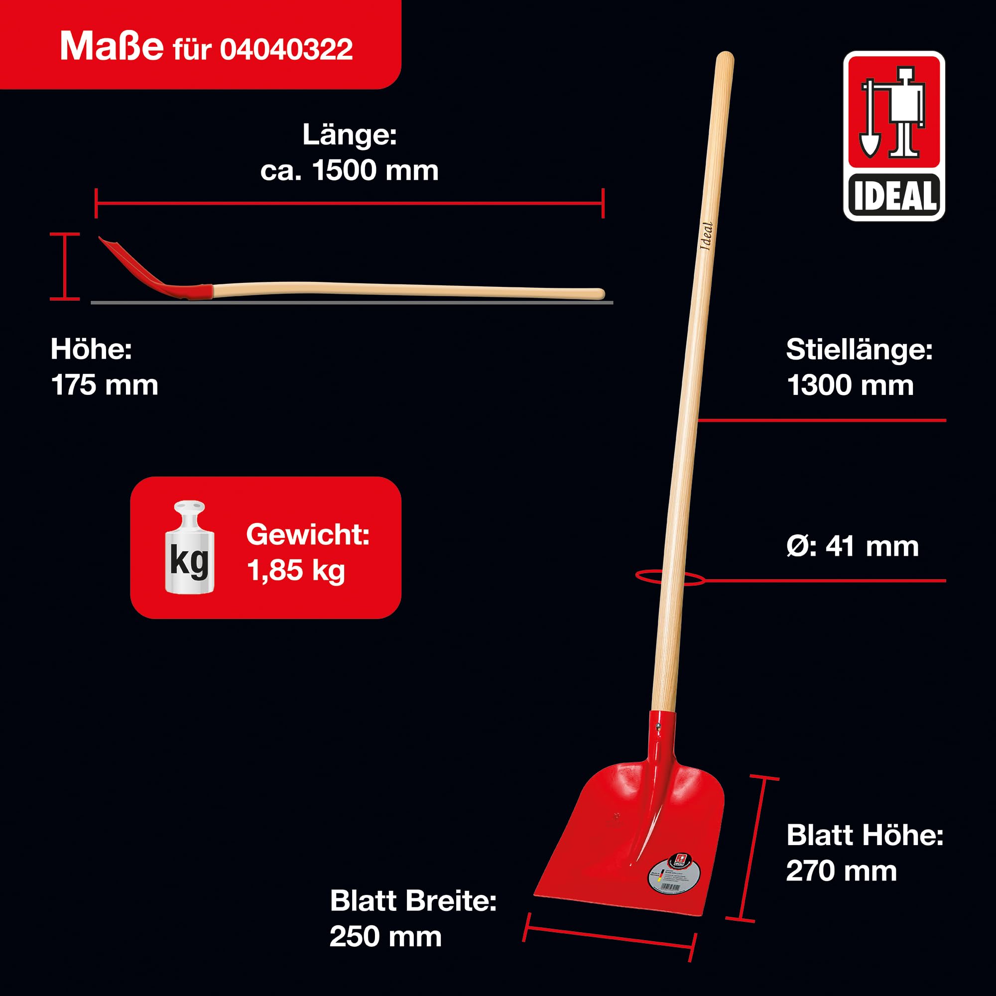 RUHR-BRILLANT Łopata do piasku Holsteiner | do transportu materiałów sypkich | Łopata ze stali 270 × 250 mm, spawana tuleja do dużych obciążeń ¾ podniesiona, z długim trzonkiem jesionowym 130 cm