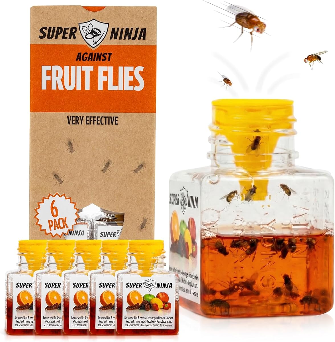Super Ninja Fruit Fly Traps for Indoors, 6 Pack | Fruit Flies Catcher for Home & Kitchen with Adhesive Back, Kids & Pets Friendly, Upto 3 Weeks of Performance per Bottle