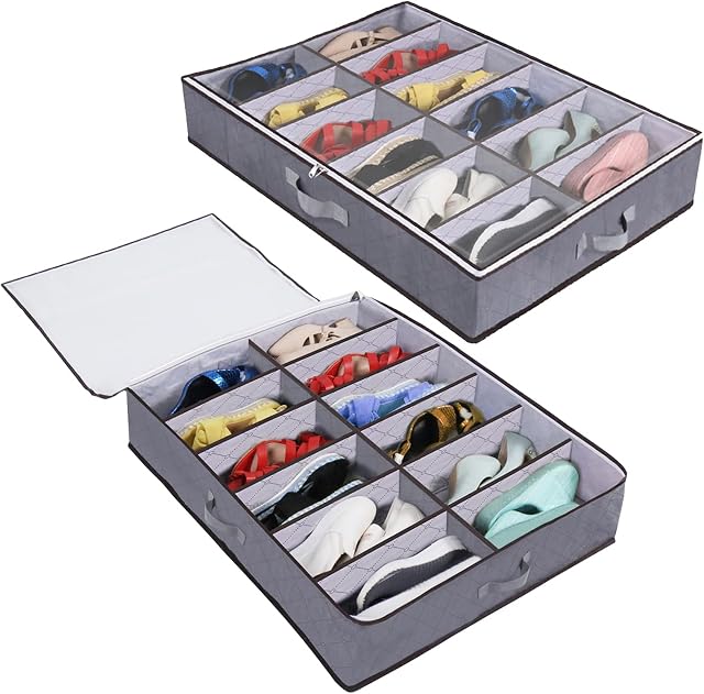2 Pack Under Bed Shoe Storage Organiser Box with Clear Lid Foldable Under Bed Shoes Bag, Fits 24 Pairs Grey