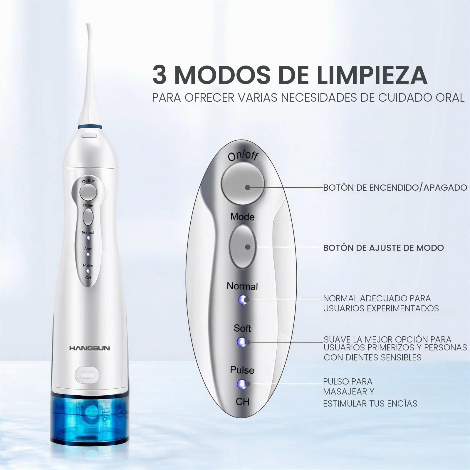 Irrigador Bucal Portatil Dental de Hangsun Inalámbrico USB Recargable con un Tanque de Agua 300ml y 8 Boquillas para Viajar y Uso Doméstico