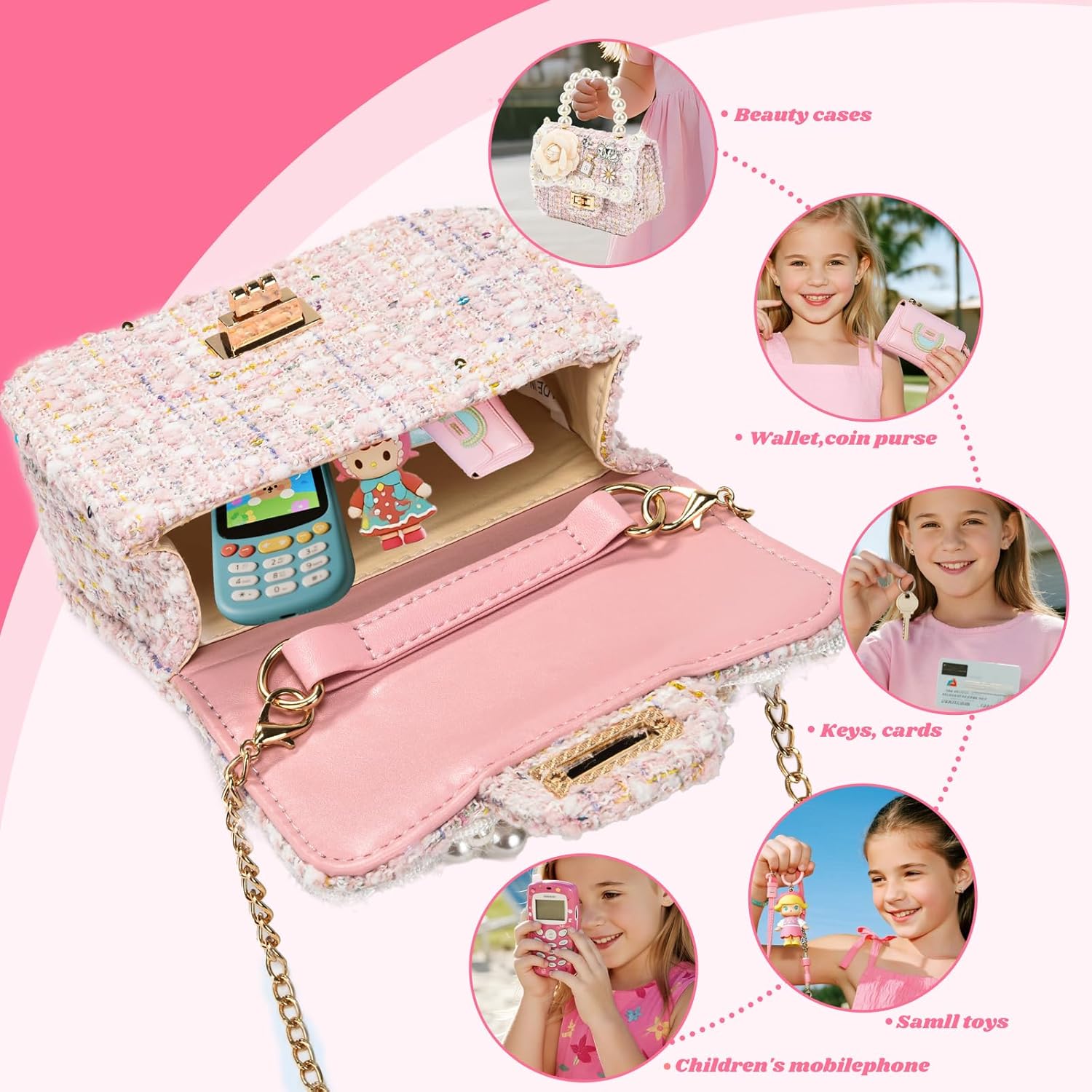 Girls Princess Purses Cute Bunny Toddler Crossbody Bag Handbag with Pearl Handle Shoulder Chain Bag - Image 5