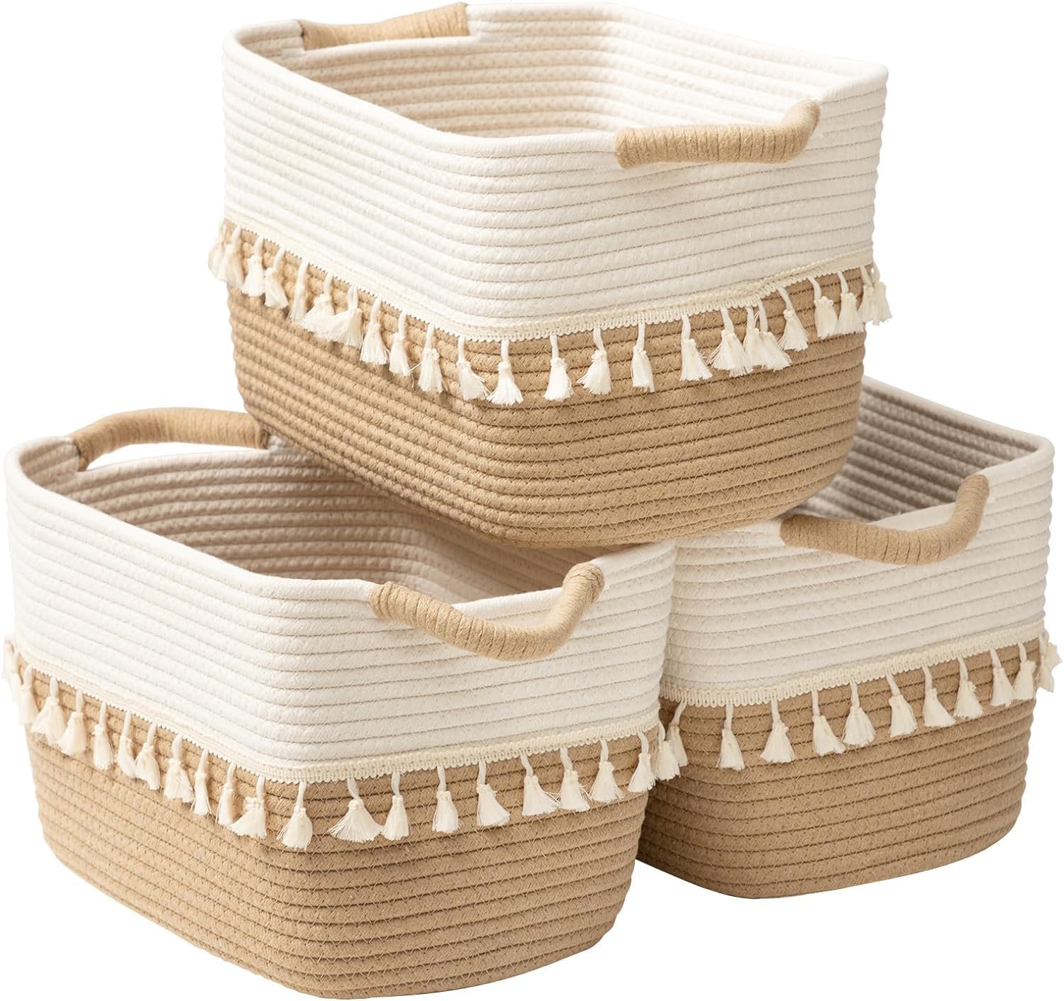 TeoKJ Juego de 3 contenedores de almacenamiento tejidos, cesta de cuerda de algodón para almacenamiento, cesta de almacenamiento de ropa para organizar y almacenar, White&Jute