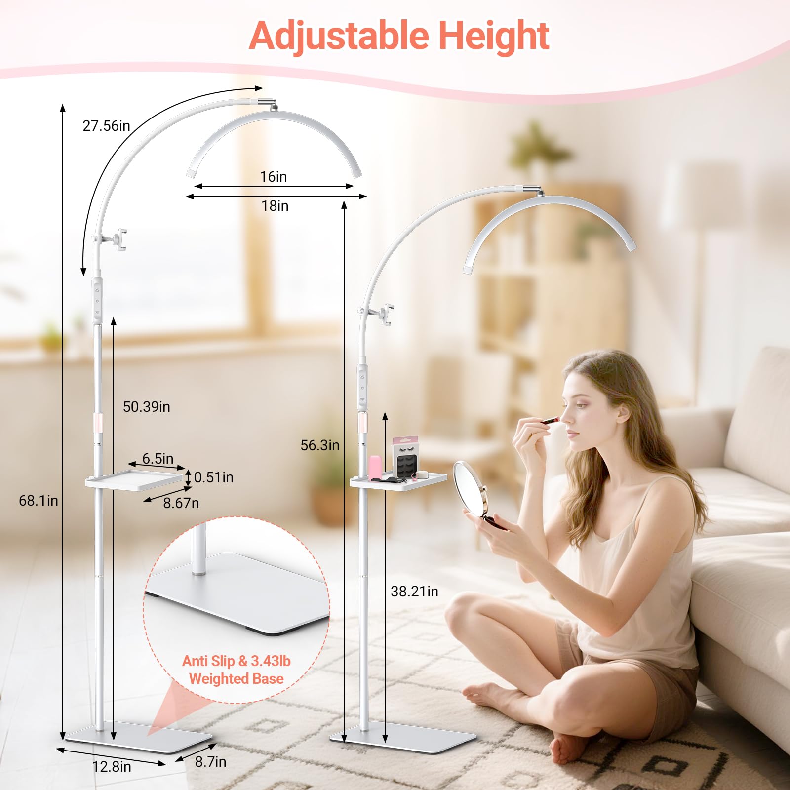 Lampara Extensiones de Pestañas: 18" Plegable Lampara LED de Pie Para Pestañas con 5 Colores Regulables & Rotación de 360° para Salón, Hogar, Blanco