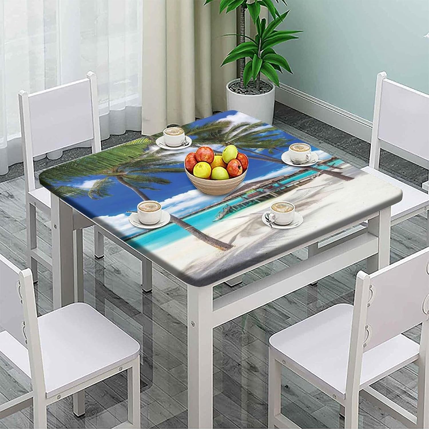 Square Fitted Polyester Tablecloth, Fit for 36" x 36" Square Table, Summer Beach Elastic Edge Home Decor Table Cover, Waterproof Oil & Dust Proof Table Cover For Family Patio Picnic BBQ Use