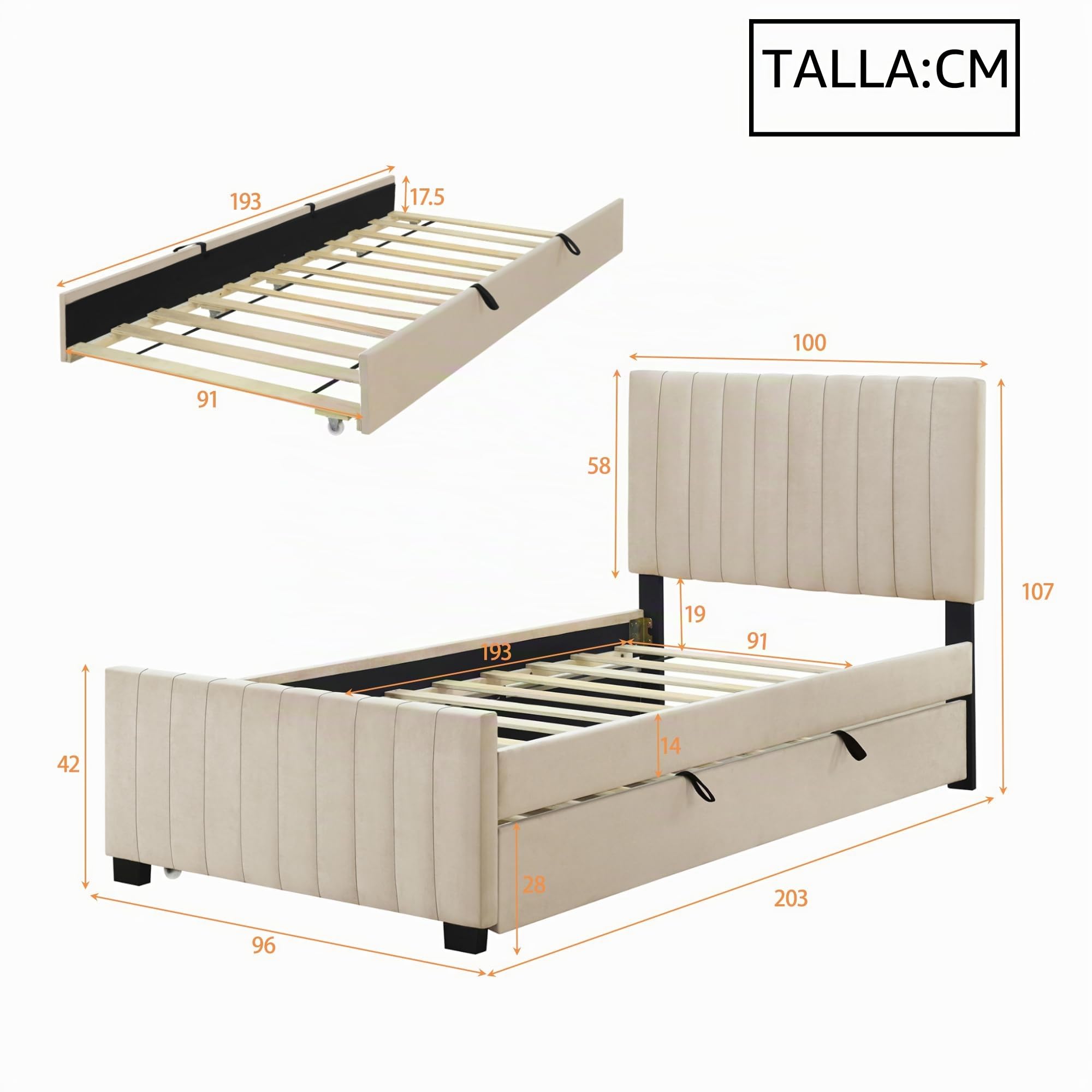 Cama tapizada de 90 x 190 cm con cama nido, cama individual plana en tela de terciopelo agradable a la piel (beige)