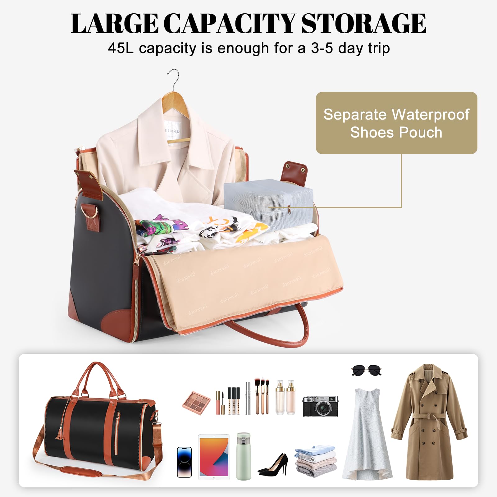 Geestock Sac à Vêtements pour Femme, Sac De Voyage Pliable, Sac de Costume Convertible avec Compartiment à Chaussures pour Voyages d'affaires, Mariages & Vacances (Noir)