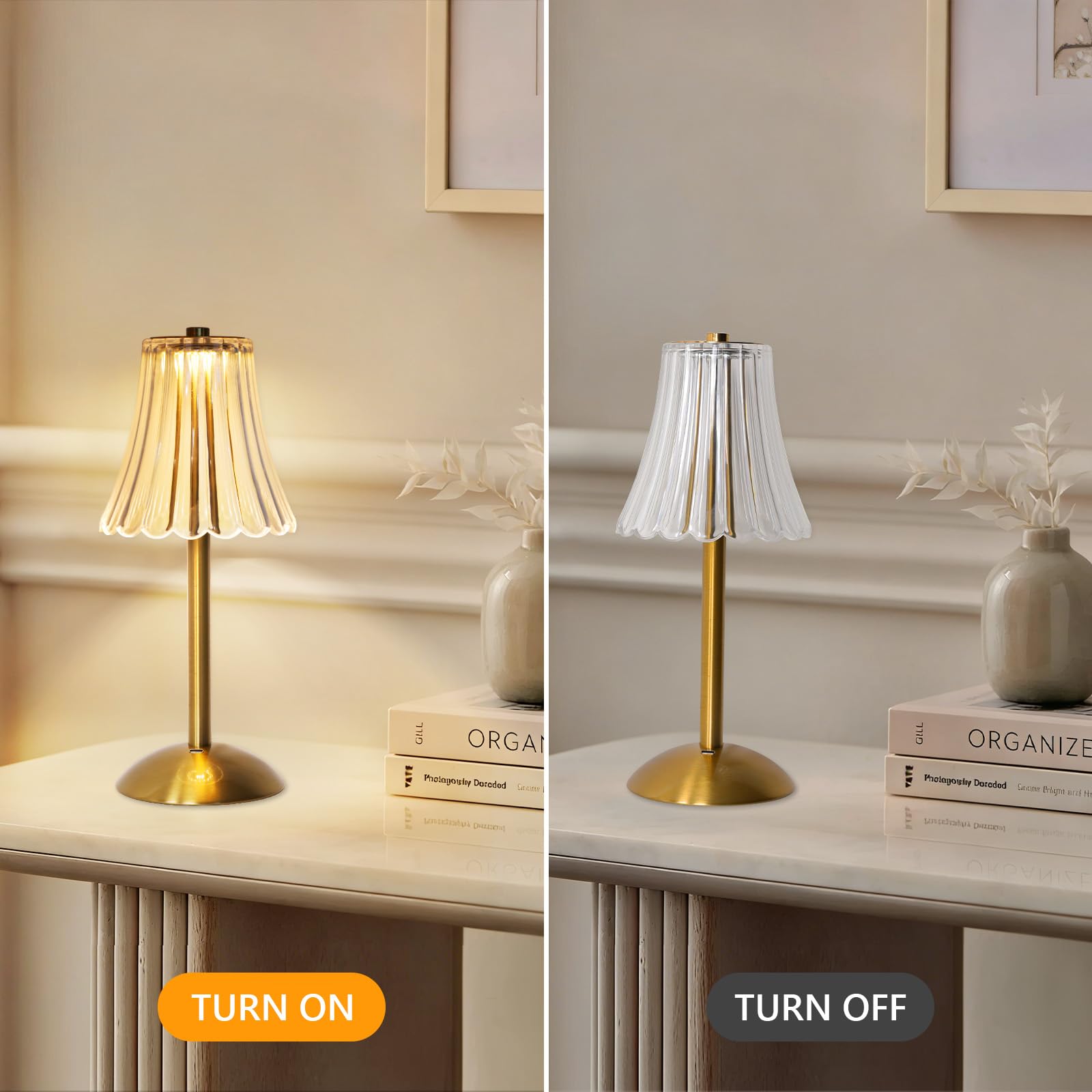 Goeco Lampe de Table LED Dorée, 5W 30cm Lampe de Chevet 3000K/4500K/6500K Veilleuse avec Abat-jour Acrylique en Forme de Jupe, Éclairage d'Ambiance avec Base Métallique pour Chambre à Coucher