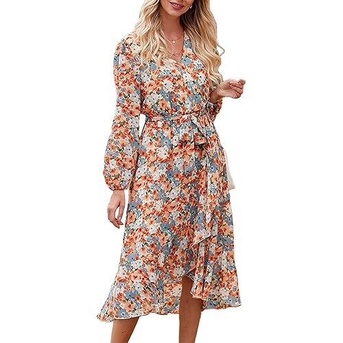 PRETTYGARDEN Women's Floral Print Boho Dress Long Sleeve Wrap V Neck Ruffle Belted A-Line Flowy Maxi Dresses