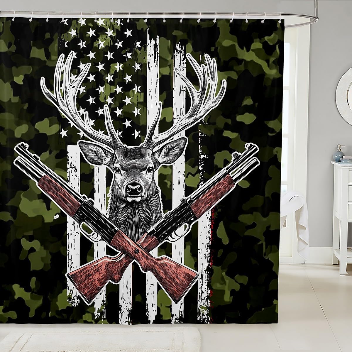 Erosebridal Deer Camo Shower Curtains - American Flag Hunting Theme Bathroom Decor, 72" W x 78" L