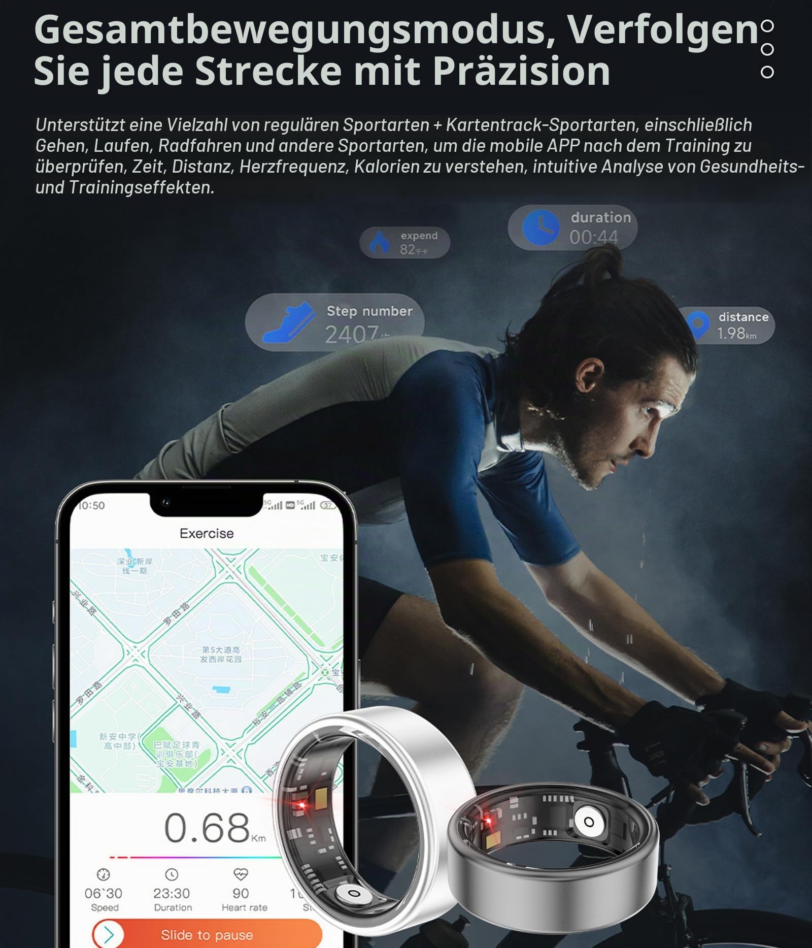 Smart Ring Fitness Ring Tracker Smartringe für Herren Damen Schrittzähler Aktivitätstracker 5ATM Wasserdicht Schlaftracker Smartring Herzfrequenz Pulsmessser Fitnesstracker Android iOS Größe 8