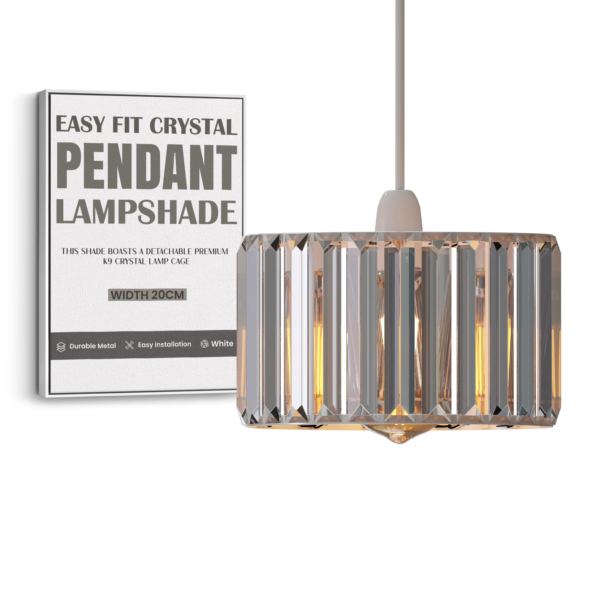Modern White Light Shade with Clear Acrylic Crystals 20cm x 15cm, Lampshades for Ceiling Lights, Reducer Rings Pendant Light Shade, Lamp Shades for Bedroom, Living Room, Kitchen, Hallway