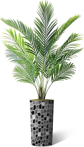 Miniatura 2 de Árbol artificial en macetero moderno con patrón geométrico, palmeras tropicales areca falsas de seda para decoración del hogar en interiores y
