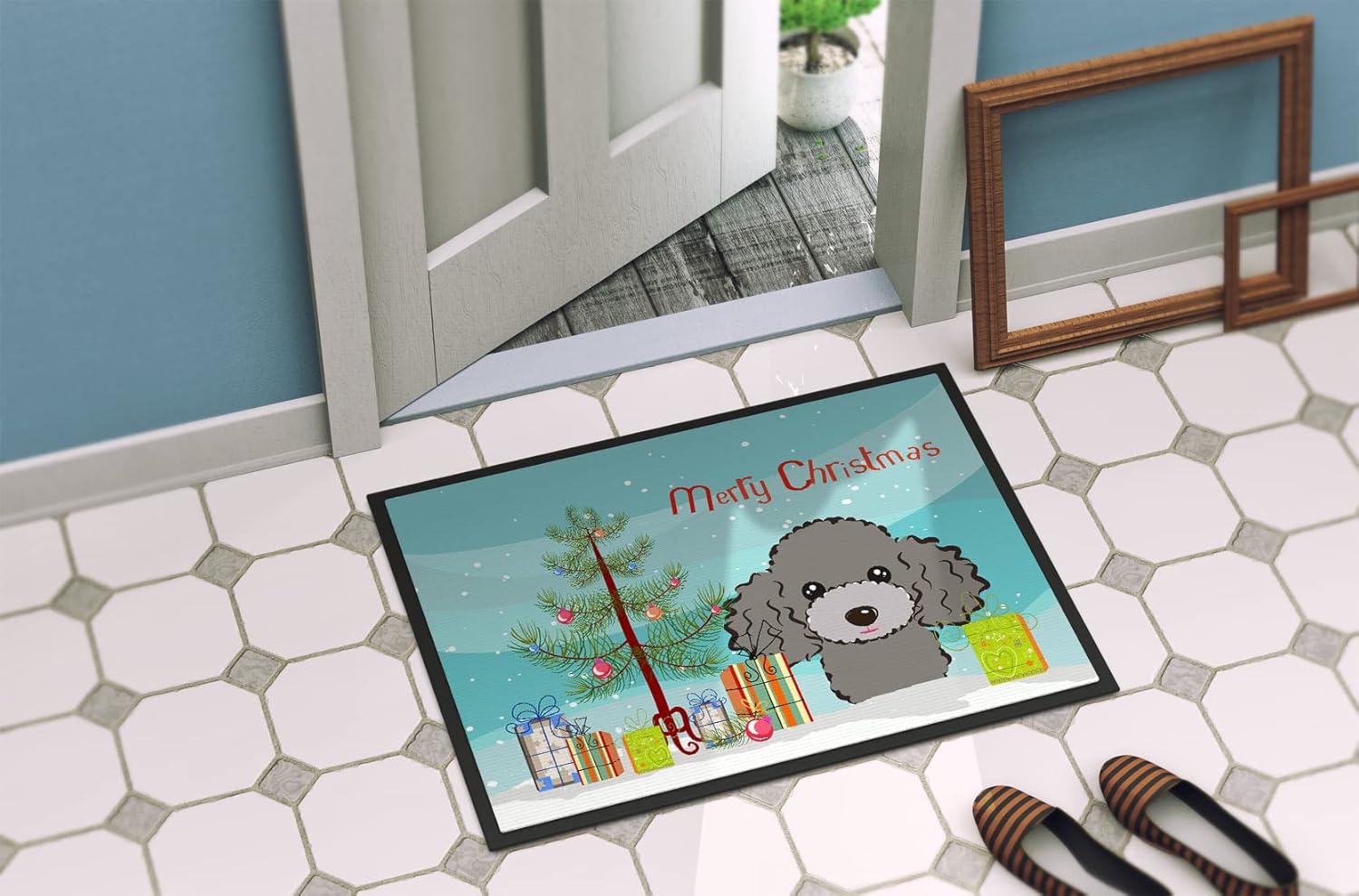 Caroline's Treasures BB1631JMAT Christmas Tree and Silver Gray Poodle Doormat 24x36 Front Door Mat Indoor Outdoor Rugs for Entryway, Non Slip Washable Low Pile, 24H X 36W