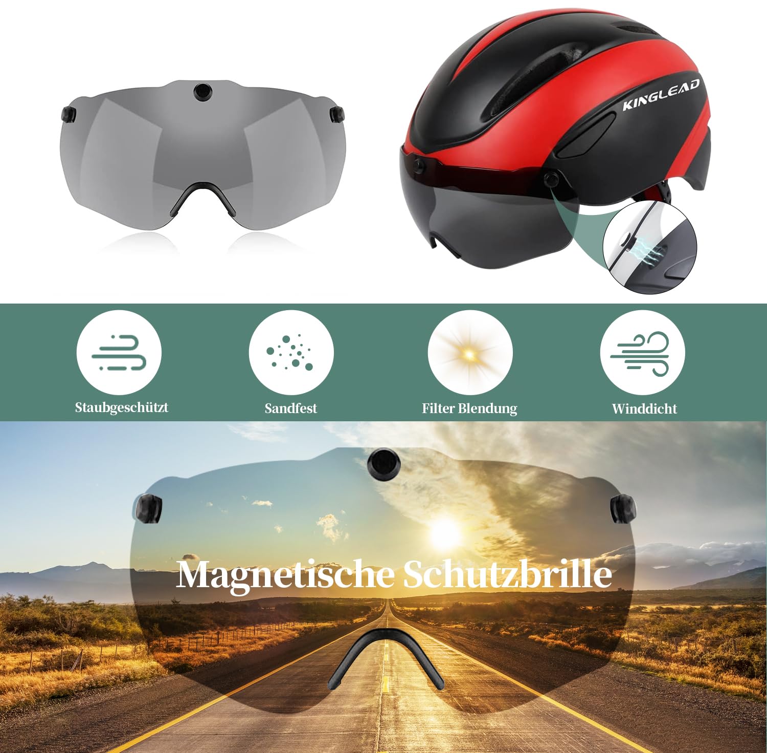 KINGLEAD kask rowerowy, męski / damski, z certyfikatem CE, z wizjerem, zdejmowana, magnetyczna i przenośna torba, super lekka, oddychająca, regulowana (KL-001)