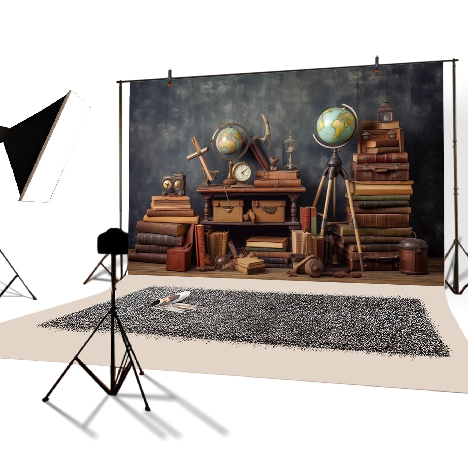 YongFoto 4,5x3m Fotografie-Hintergrund Schule Retro Bücher Globus Klassenzimmereinrichtung Vintage Hintergrund für Kinder Neugeborene Babyparty Einschreibung Back to School Party Foto Requisiten