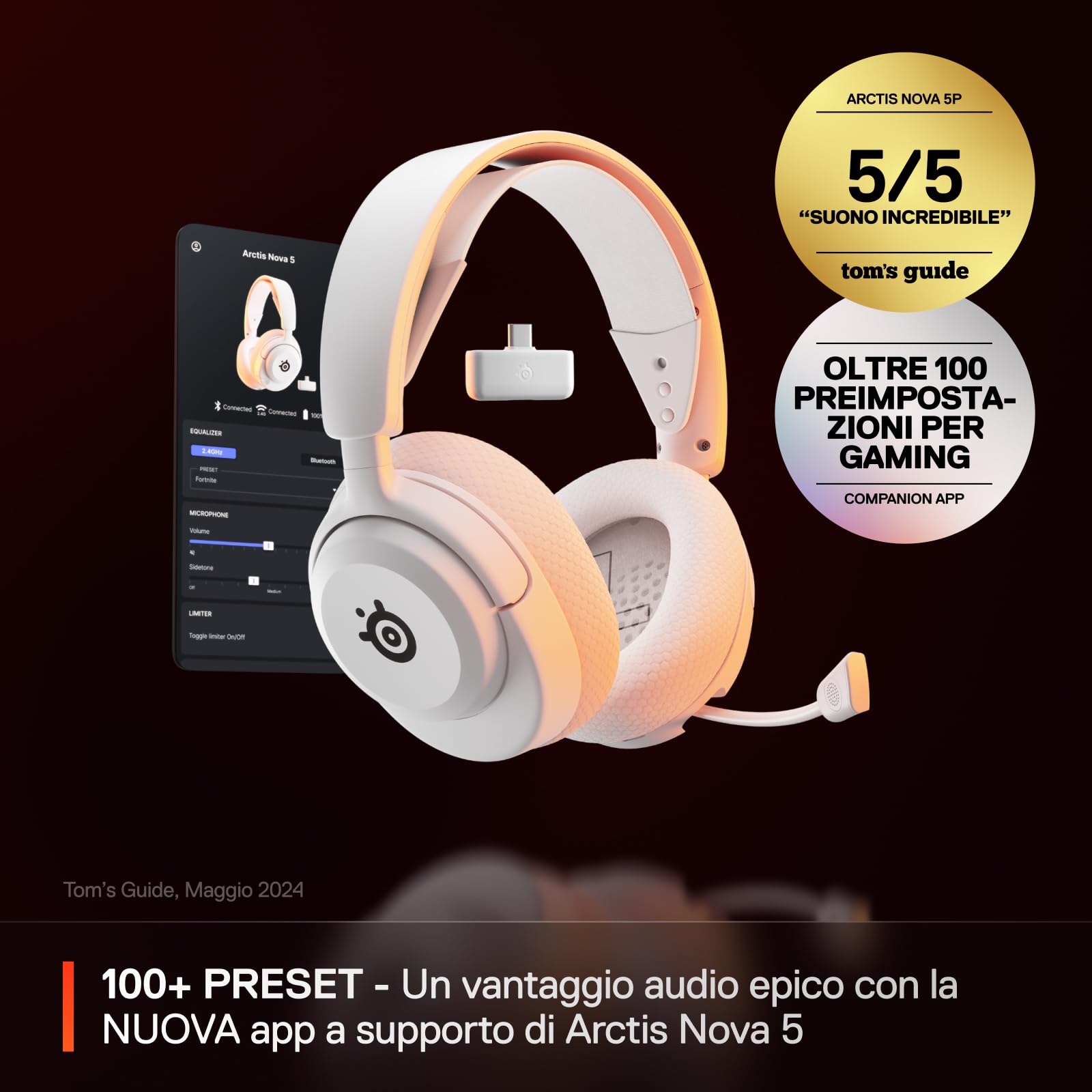 SteelSeries Arctis Nova 5 Bianco - Cuffie gaming wireless multi-sistema - Driver magnetici al neodimio - 100+ preset audio - Batteria 60 HR - 2,4GHz o BT - Microfono ClearCast Gen2.X - PC, PS5