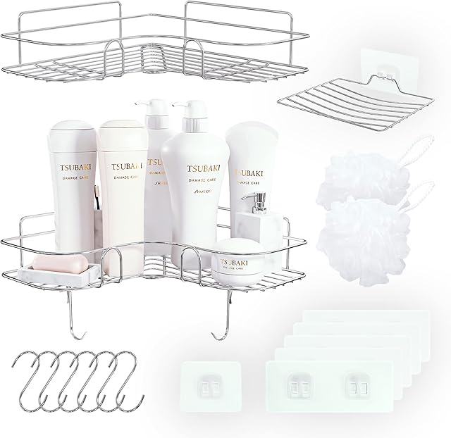 Shower Caddy (2 Pack) Corner Shower Shelves with Soap dish & 2 body Sponges - Shower Basket no Drilling - Shower Shelves incl. 6x Adhesive Hooks