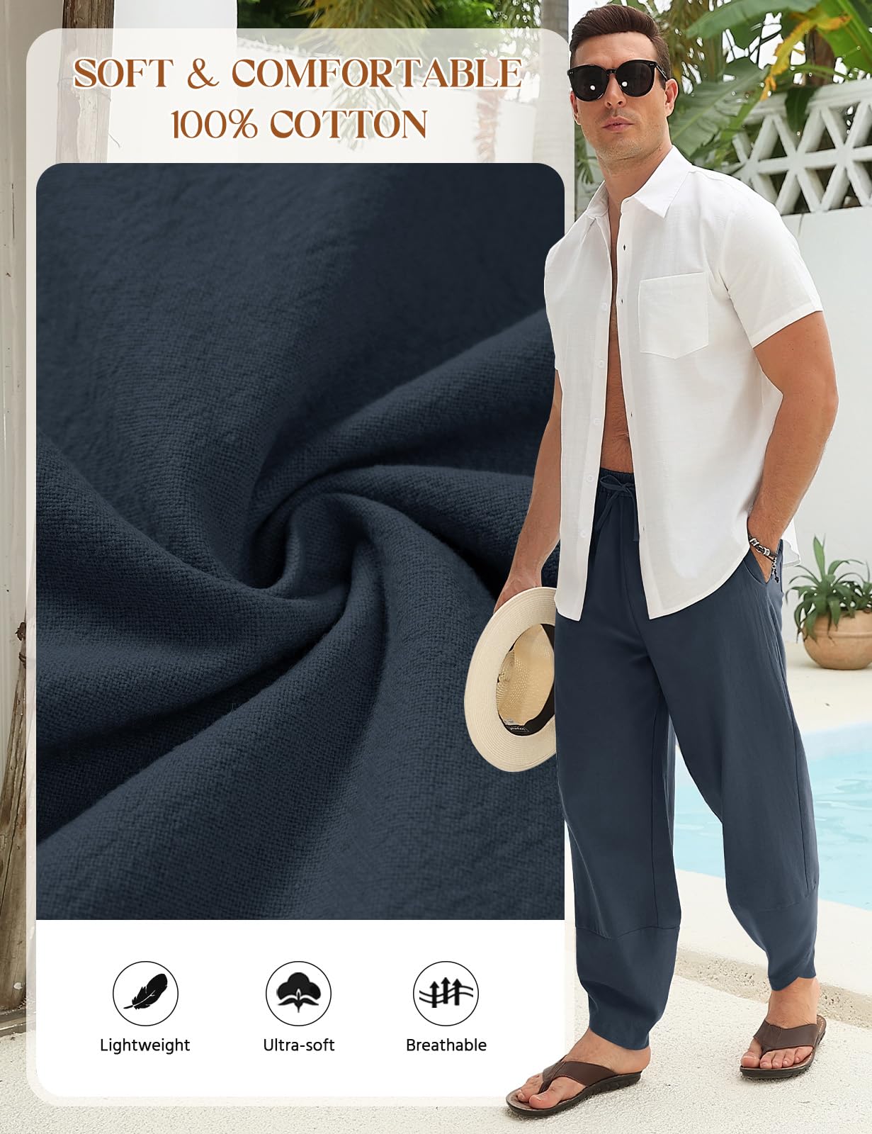 Voqeen Pantaloni Uomo Estivi Pantaloni Larghi in Cotone Casual da Spiaggia Pantalone Leggero dalla vestibilità Ampia Pantaloni Chino con Elastico in Vita E Gambe Larghe con Tasche
