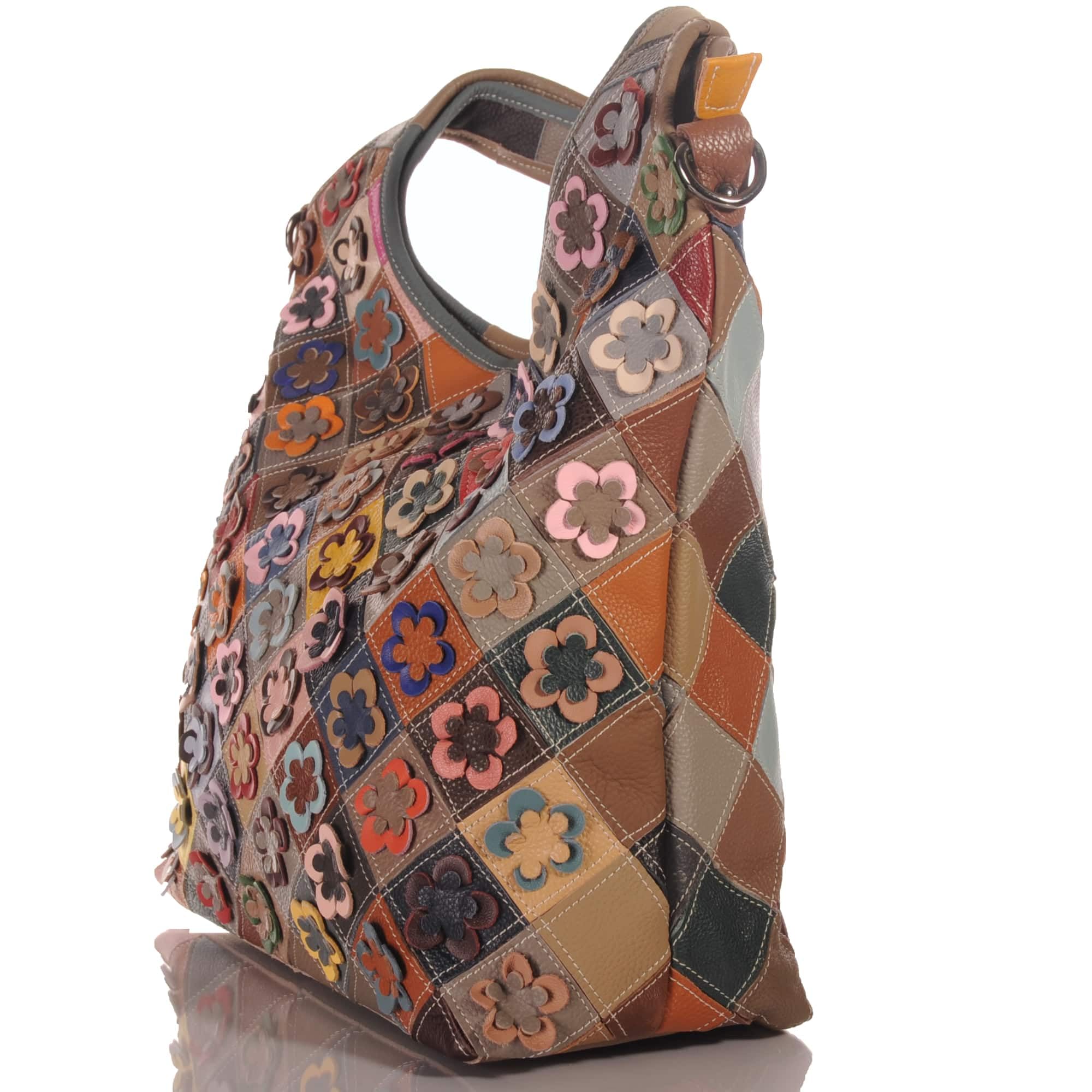 KMISSO Damen Schultertasche Leder Patchwork Blumen – großer Shopper aus Echtleder, designed in Italy, bunte Hobo Bag 44x32x14 cm mit Reißverschluss & Innenfächern