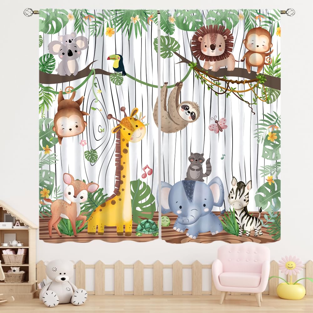 Ycness Boys Forest Animal-15 Kids Forest Animals Window Curtains, Cartoon Elephants Giraffes, Lions Parrots Butterfly Cute Animals Wooden Plants Green Window Drapes For Girls Nursery Bedroom Living Room, 42X45 Inch